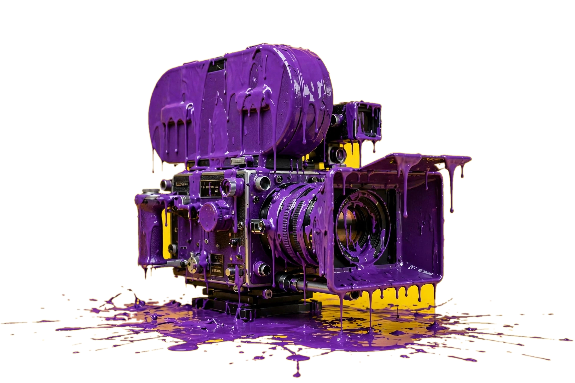 Cinema camera covered in dripping purple paint